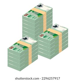Ilustración del vector del dólar de Hong Kong. Hong Kong, Macao dinero pone billetes en paquete. Dinero en papel 50 HKD. Estilo plano. Aislado sobre fondo blanco. Diseño sencillo y mínimo.