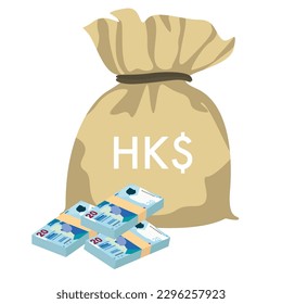 Hong Kong Dollar Vector Illustration. Hong Kong, Macau money set bundle banknotes. Money bag 20 HKD. Flat style. Isolated on white background. Simple minimal design.