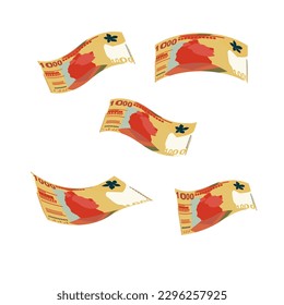 Hong Kong Dollar Vector Illustration. Hong Kong, Macau money set bundle banknotes. Falling, flying money 1000 HKD. Flat style. Isolated on white background. Simple minimal design.