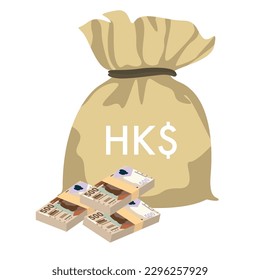 Hong Kong Dollar Vector Illustration. Hong Kong, Macau money set bundle banknotes. Money bag 500 HKD. Flat style. Isolated on white background. Simple minimal design.