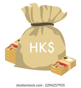 Hong Kong Dollar Vector Illustration. Hong Kong, Macau money set bundle banknotes. Money bag 1000 HKD. Flat style. Isolated on white background. Simple minimal design.