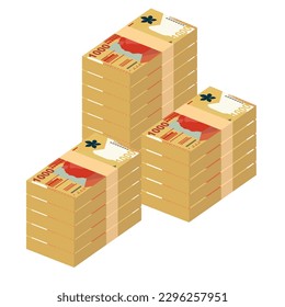 Ilustración del vector del dólar de Hong Kong. Hong Kong, Macao dinero pone billetes en paquete. Dinero en papel 1000 HKD. Estilo plano. Aislado sobre fondo blanco. Diseño sencillo y mínimo.