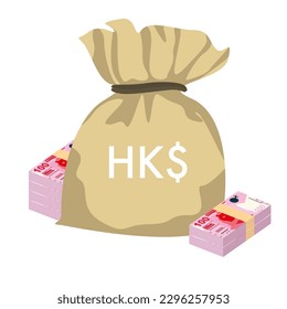 Hong Kong Dollar Vector Illustration. Hong Kong, Macau money set bundle banknotes. Money bag 100 HKD. Flat style. Isolated on white background. Simple minimal design.