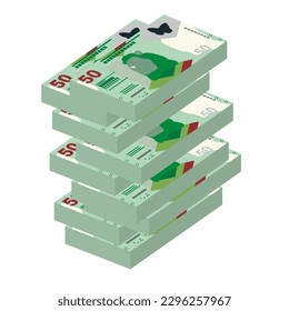 Ilustración del vector del dólar de Hong Kong. Hong Kong, Macao dinero pone billetes en paquete. Dinero en papel 50 HKD. Estilo plano. Aislado sobre fondo blanco. Diseño sencillo y mínimo.