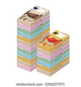 Ilustración del vector del dólar de Hong Kong. Hong Kong, Macao dinero pone billetes en paquete. Dinero en papel 20, 50, 100, 500, 1000 HKD. Estilo plano. Aislado sobre fondo blanco. Diseño sencillo y mínimo.