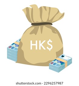 Ilustración del vector del dólar de Hong Kong. Hong Kong, Macao dinero pone billetes en paquete. Bolsa de dinero 20 HKD. Estilo plano. Aislado sobre fondo blanco. Diseño sencillo y mínimo.