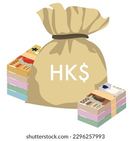 Ilustración del vector del dólar de Hong Kong. Hong Kong, Macao dinero pone billetes en paquete. Bolsa de dinero 20, 50, 100, 500, 1000 HKD. Estilo plano. Aislado sobre fondo blanco. Diseño sencillo y mínimo.