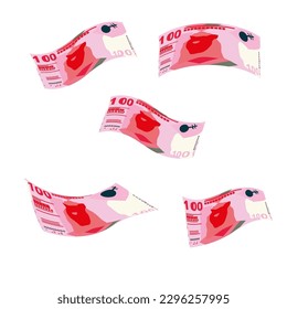 Hong Kong Dollar Vector Illustration. Hong Kong, Macau money set bundle banknotes. Falling, flying money 100 HKD. Flat style. Isolated on white background. Simple minimal design.