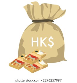 Hong Kong Dollar Vector Illustration. Hong Kong, Macau money set bundle banknotes. Money bag 1000 HKD. Flat style. Isolated on white background. Simple minimal design.