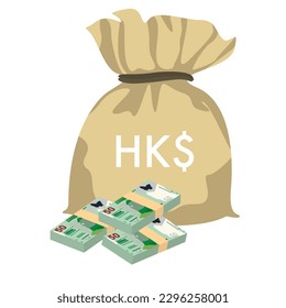 Ilustración del vector del dólar de Hong Kong. Hong Kong, Macao dinero pone billetes en paquete. Bolsa de dinero 50 HKD. Estilo plano. Aislado sobre fondo blanco. Diseño sencillo y mínimo.