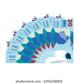 Ilustración del vector del dólar de Hong Kong. Hong Kong, Macao dinero pone billetes en paquete. Dinero en papel 20 HKD. Estilo plano. Aislado sobre fondo blanco. Diseño sencillo y mínimo.