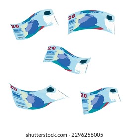 Ilustración del vector del dólar de Hong Kong. Hong Kong, Macao dinero pone billetes en paquete. Caer, volar dinero 20 HKD. Estilo plano. Aislado sobre fondo blanco. Diseño sencillo y mínimo.
