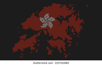 Hong Kong dotted map flag with grunge texture in mosaic dot style. Abstract pixel vector illustration of a country map with halftone effect for infographic. 