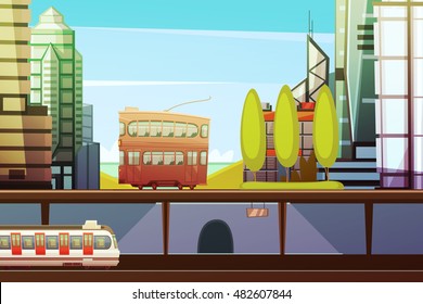 Hong kong downtown cartoon front view with city transport and town buildings elements flat vector illustration