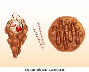 Hong Kong egg bubble waffle ingredients 3d realistic vector with stripped caramel candies, biscuit sticks, plain waffle poured cream, served with sliced strawberries in ice-cream and chocolate topping