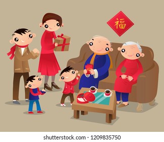 A Hong Kong family visits relatives' home during The Chinese New Year Festival.(Translation of a Chinese word: good fortune)