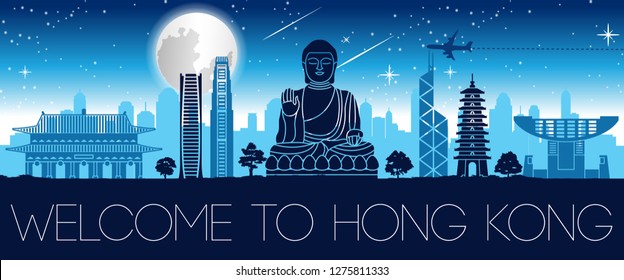 Hong Kong famous landmark night time silhouette design,vector illustration