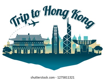 Hong Kong famous landmark silhouette style on float island,travel and tourism,dark blue green color,vector illustration