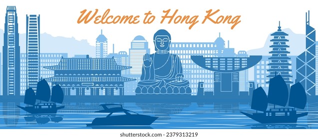 Estilo de silueta de monumento famoso de Hong Kong detrás del río y el barco y frente a las torres, ilustración vectorial