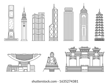 Hong Kong famous landmarks in black line sketch, vector illustration isolated on white background. Architecture buildings and skyscrapers silhouettes or symbols.