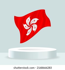 Hong Kong flag. 3d rendering of the flag displayed on the stand. Waving flag in modern pastel colors. Flag drawing, shading and color on separate layers, neatly in groups for easy editing.