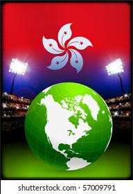 Hongkong-Flagge mit Globe auf Stadionhintergrund - Originalillustration