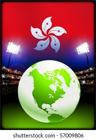 Hong Kong Flag with Globe on Stadium Background Original Illustration