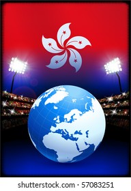 Hong Kong Flag with Globe on Stadium Background Original Illustration