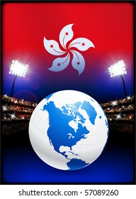 Hong Kong Flag with Globe on Stadium Background Original Illustration