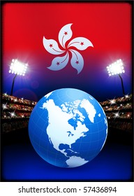 Hongkong-Flagge mit Globe auf Stadionhintergrund - Originalillustration