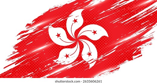 Hong Kong Flag in Grunge Brush Style with Halftone and Glow Effects. Flag of Hong Kong in Abstract Concept