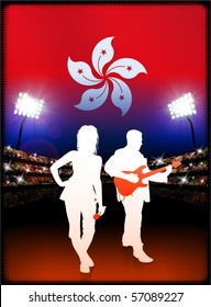 Hong Kong Flag with Live Music Band on Stadium Background Original Illustration