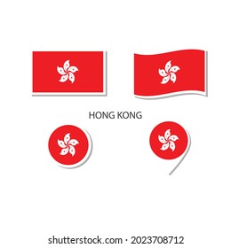 Hong Kong flag logo icon set, rectangle flat icons, circular shape, marker with flags.