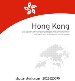 Bandera de Hong Kong, mapa de mosaicos sobre fondo blanco. Cinta ondulada con la bandera de hong kong. Diseño de pancarta plana vectorial, afiche nacional. Portada del folleto de negocios. Patriótico del Estado, volante, folleto