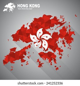 Hong Kong flag overlay on Hong Kong map with polygonal and long tail shadow style (EPS10 art vector)