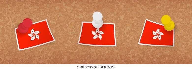 Hong Kong flag pinned in cork board, three versions of Hong Kong flag. Vector pushpins and flag set.