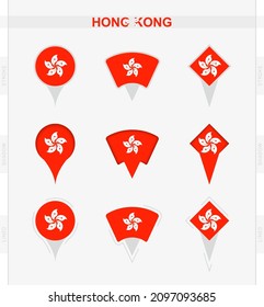 Hong Kong flag, set of location pin icons of Hong Kong flag. Vector illustration of national symbols.