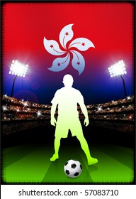 Hong Kong Flag with Soccer Player on Stadium Background Original Illustration