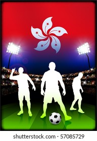 Hong Kong Flag with Soccer Player on Stadium Background Original Illustration