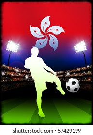 Hong Kong Flag with Soccer Player on Stadium Background Original Illustration