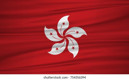 Hong Kong Flag Vector. Vector Flag Of Hong Kong Blowig In The Wind. Ong Kong Flag Background With Cloth Texture. EPS 10.