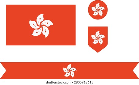 Hong Kong Flag Vector Icon Set with Five Petaled Bauhinia Blakeana Orchid Tree Flower Symbol Featuring Rectangle Round Button Shield and Ribbon Elements.eps