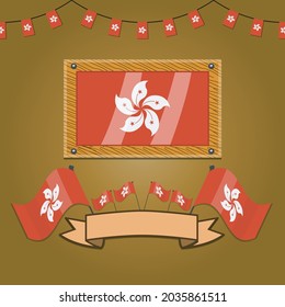 Hong Kong Flags On Frame Wood, Label, Simple Gradient and Vector Illustration