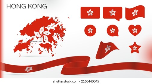 Hong Kong flags set. Various designs. Map and capital city. World flags. Vector set. Circle icon. Template for independence day. Collection of national symbols. Ribbon with colors of the flag.