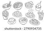 Hong Kong food vector line art set with dim sum, noodles, egg waffles, tofu, tea, dessert, and lemon drink icons. Hand drawn black outline Asian street food menu clipart for microstock design.