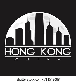 Hong Kong Full Moon Night Skyline Silhouette Design City Vector Art Logo.