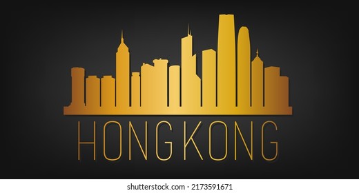 Hong Kong Gold Skyline City Silhouette Vector. Golden Design Luxury Style Icon Symbols. Travel and Tourism Famous Buildings.