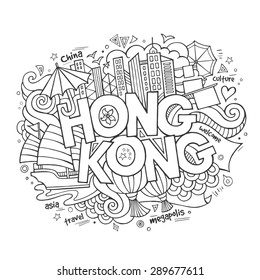 Hong Kong hand lettering and doodles elements background. Vector illustration