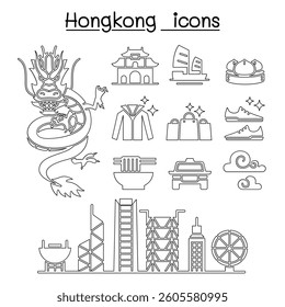 Hong kong icon set in thin line style