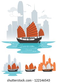 Hong Kong: Illustration of junk boat in Hong Kong. Below are 3 additional simplified variations. No transparency and gradients used.